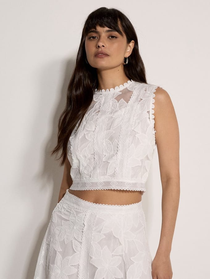 Crop top van mesh met bloemenmotief