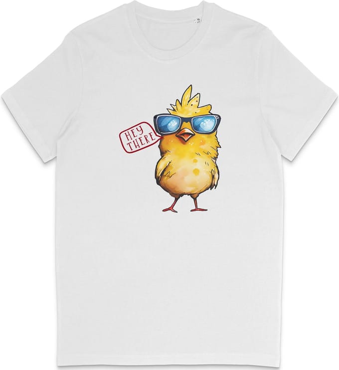 Heren en Dames T Shirt - Grappige Cartoon Kuiken 'Hey There' - Wit - M