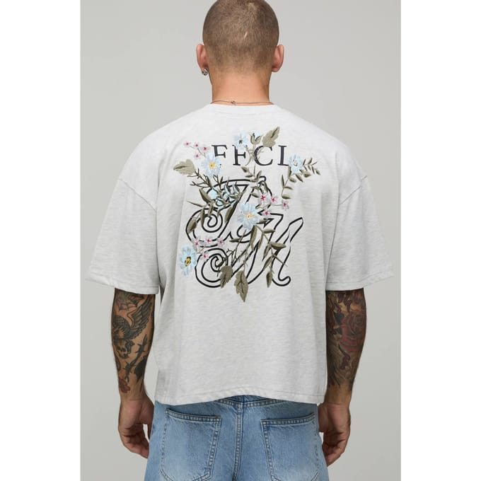 Oversized Boxy Heavyweight T-shirt Met Geborduurd Bloemenpatroon | Grey Marl | Size Medium