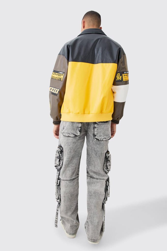 Baggy Rigid Multi Cargo Pocket Strap Detail Acid Wash Jeans | Charcoal | Size 36R