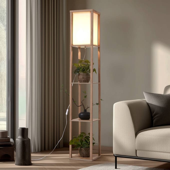 Lindby - vloerlamp hout - 1licht - Hout, textiel - H: 159 cm - E27 - houtkleurig, wit