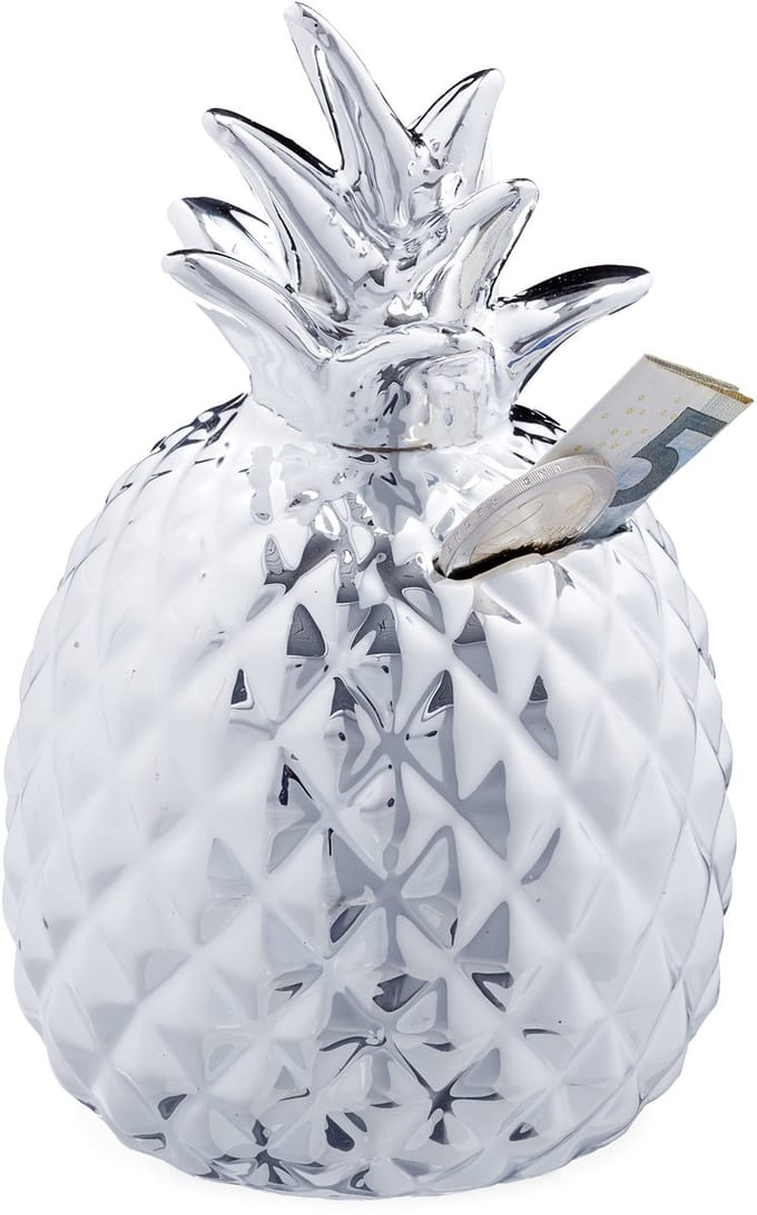 spaarpot ananas - afsluitbaar - 2 sleutels - keramiek - 16 x 9 cm - zilver