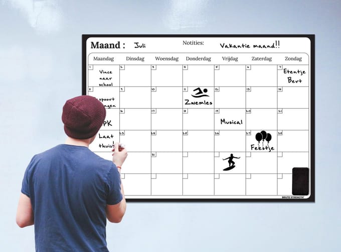 Brute Strength - Magnetisch Weekplanner whiteboard (1) - 91 x 67 cm - Planbord - Familieplanner - Gezinsplanner - To Do Planner - Extra groot formaat