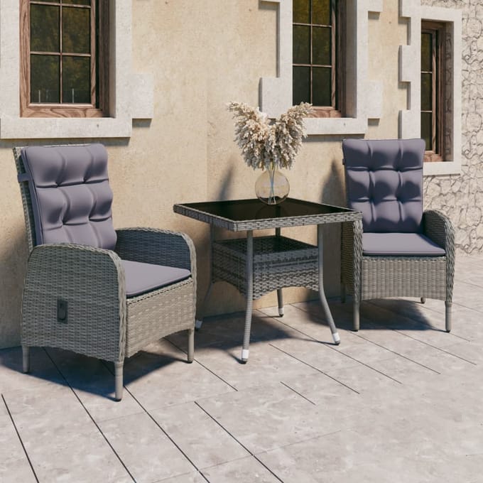 vidaXL - 3-delige - Tuinset - poly - rattan - en - glas - grijs