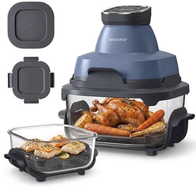 Airfryer MAGICFOX - Heteluchtfriteuse 1,47L en 4L containers-compact glazen kooksysteem - 6 voorgeprogrammeerde programma's - 1500W glazen airfryer - Blauw