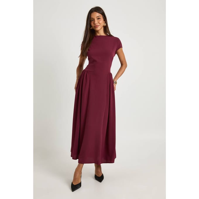 boohoo Dames Getextureerde volume-rok midaxi jurk | Bordeaux Rood | Maat: 36