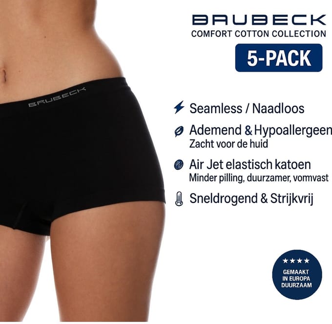 Brubeck Dames Boxershort – Naadloos (Seamless) Elastisch Katoen – 5-Pack - Zwart M