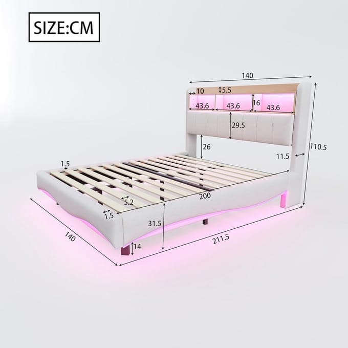 Gestoffeerd Tweepersoonsbed 140x200 cm met LED en Oplaadpunt, Zwevend Frame