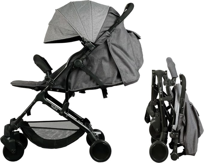 SnelShoppen - Yuko² Compacte Buggy, Vanaf de Geboorte, Eén Hand Opvouwbaar, Leuning, Gerecycled Polyesterweefsel, Grijs Gemêleerd, Eco Vriendelijk