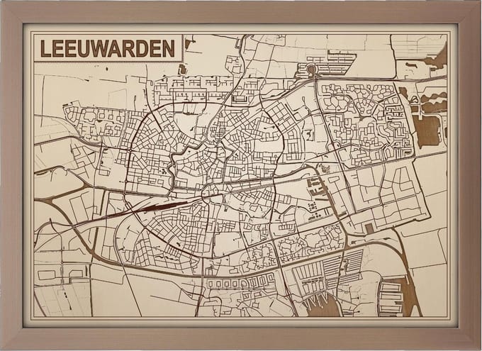 Houten gegraveerde stadskaart - Leeuwarden