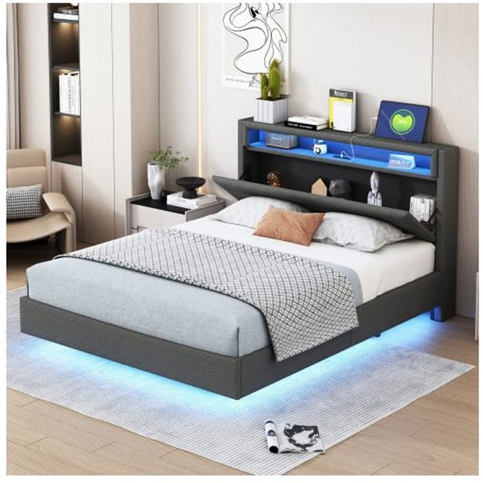Lit - MUVOE - 140x200 cm - Prise USB - Éclairage LED - Tête de lit réversible gris