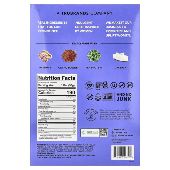 Trubar, Plantaardige Eiwitreep, Gladder, Pindakaas, 12 Repen, 50g (1,76 oz) Elk