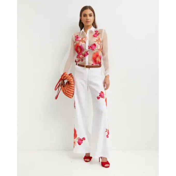 Raffaela D'Angelo Pantalone lino con applicazioni fiori color