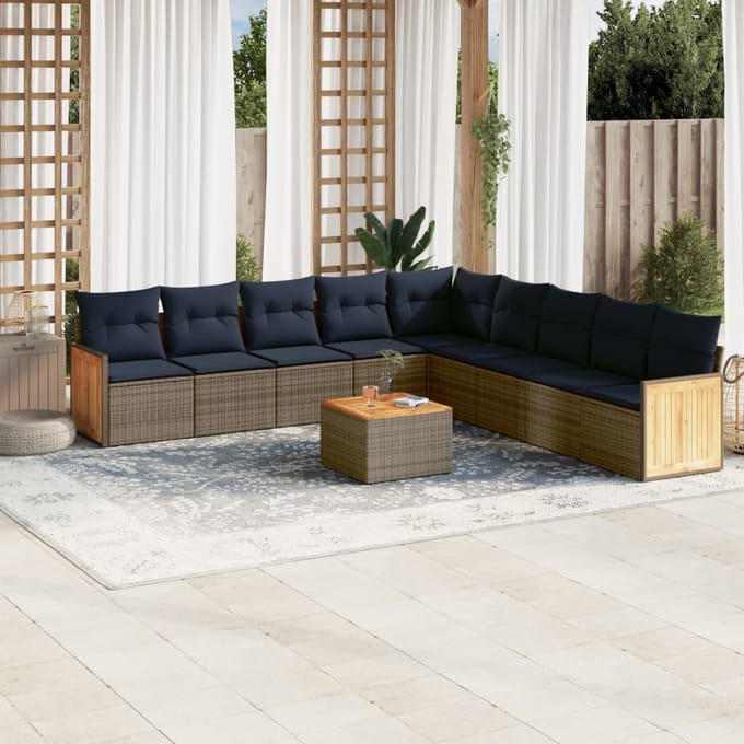 vidaXL - 10-delige - tuinbankset - met - kussens, - grijs - polyrotan