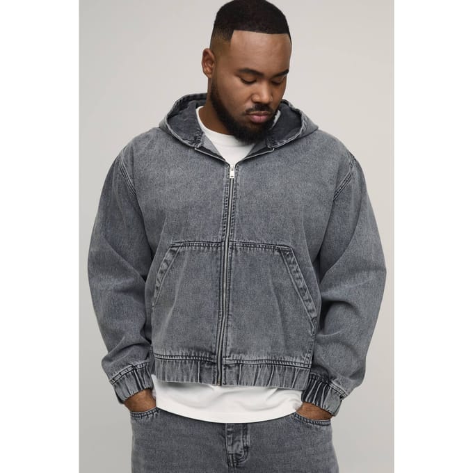 Plus Gewassen Denim Hoodie Met Rits | Washed Grey | Size 2XL