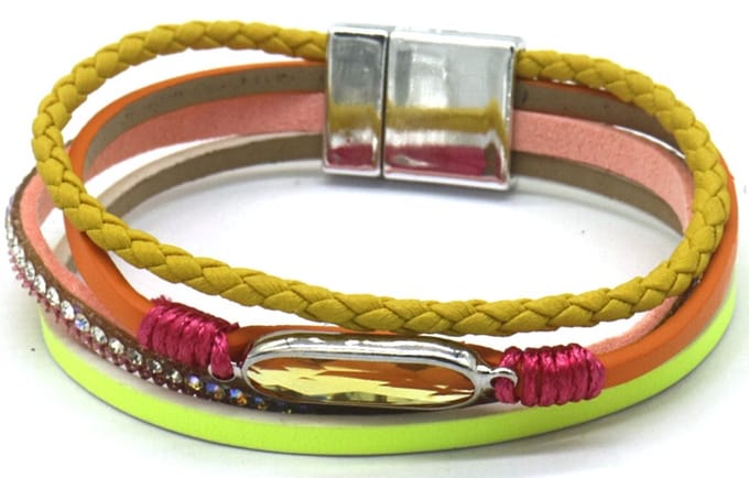 Armband Dames - 4 Stroken Leer - Kralen - 19 cm - Multicolor
