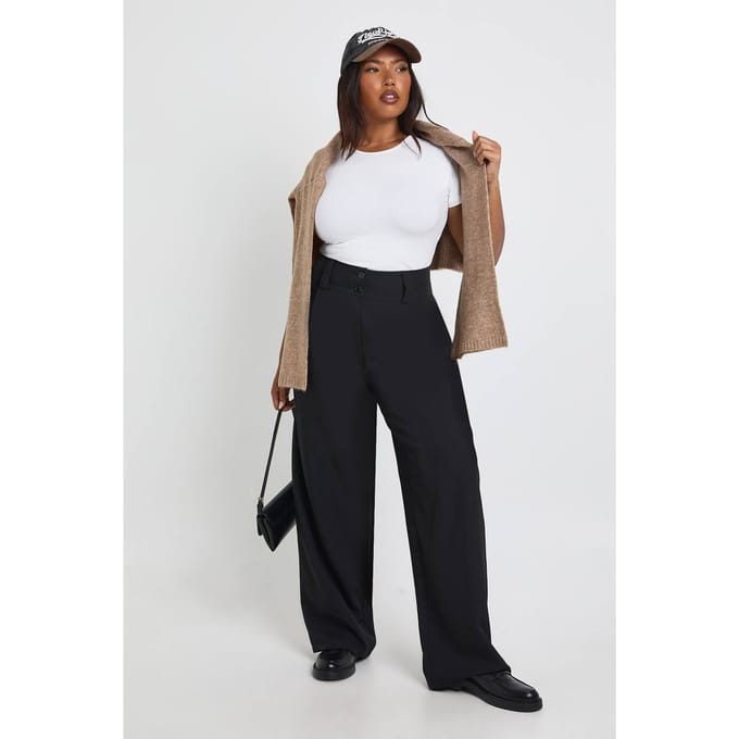 boohoo Dames Plus Geweven Getailleerde Broek met tonvormige pijpen | Black | Maat: 28