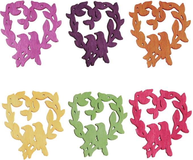 Strooidecoratie vogel hout hart tafeldecoratie kleur 3,5/1,5cm 72 st,
