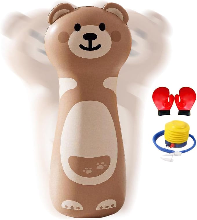 Opblaasbare Bokszak - Boksset Kinderen - Actief Spel - Stevige Stabiele Basis - 42x120cm - Bruine Beer