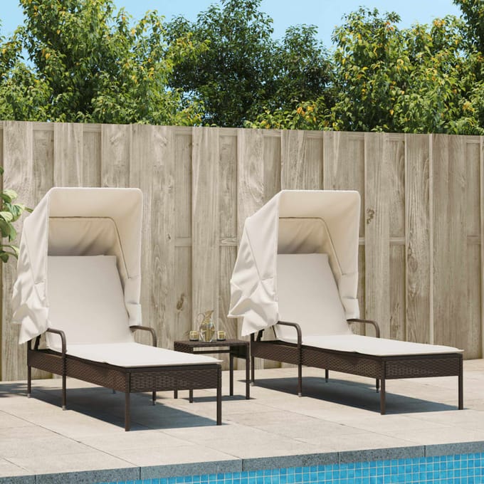 vidaXL - Ligbedden - 2 - st - met - luifels - en - tafel - poly - rattan - bruin