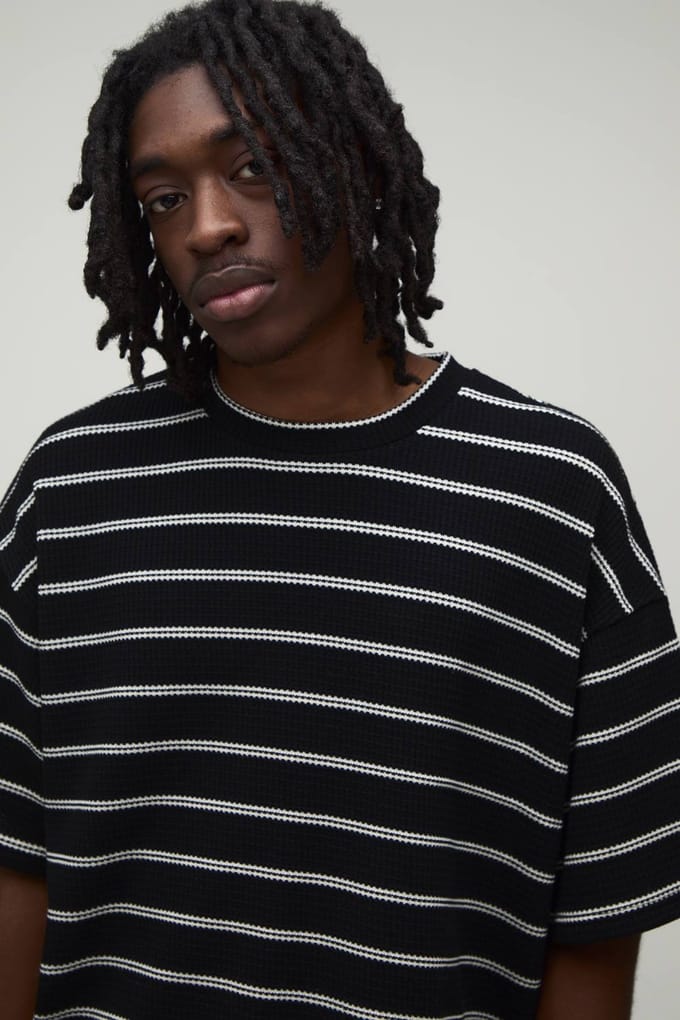 Oversized Boxy Gestreept Wafel T-shirt | Black | Size Medium