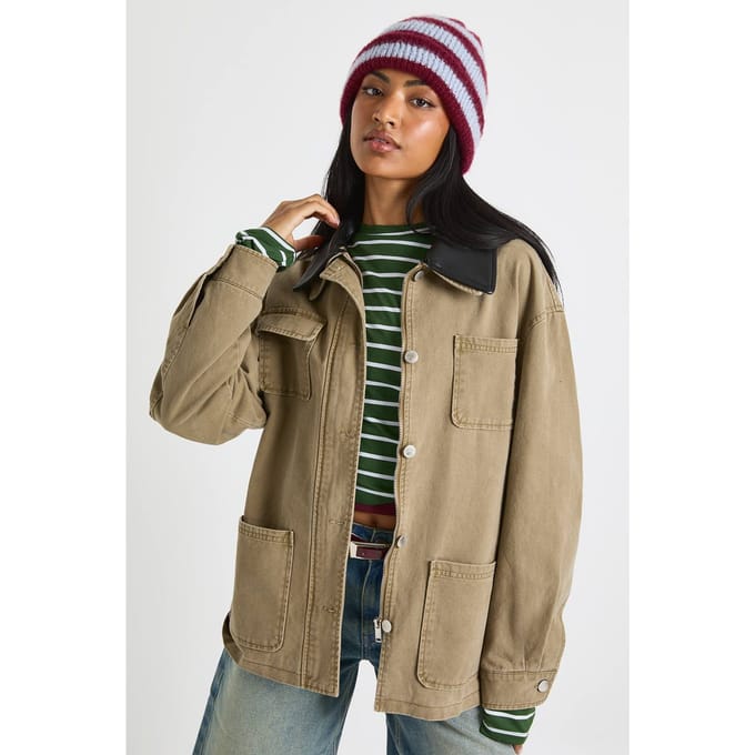 boohoo Dames Namaakleren jasje met contrasterende kraag Barn Jacket | Camel | Maat: 8