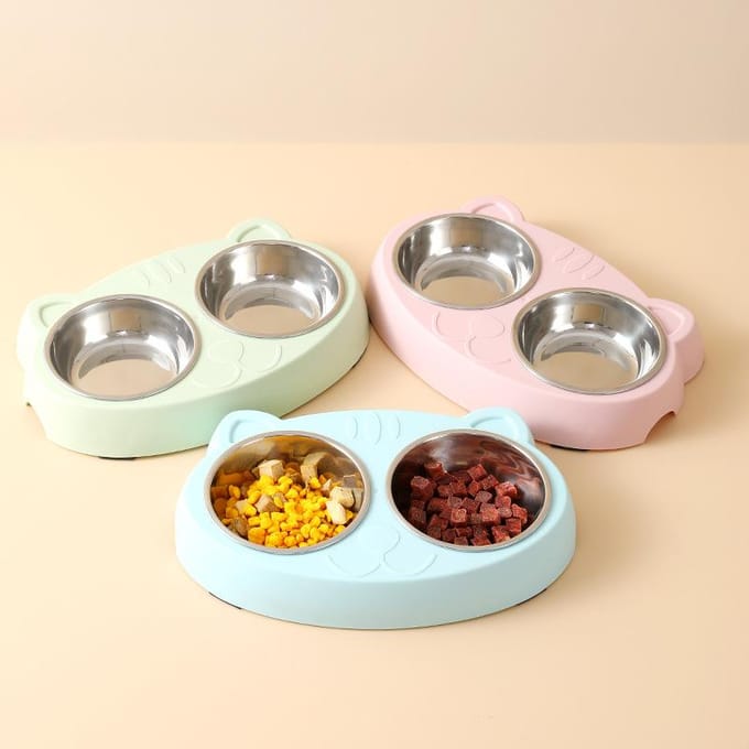 Macaron Huisdier Dubbele Kom Plastic Kitten Hondenvoer Drinkbak Feeder Kat Voeden Dierbenodigdheden Accessoires roze