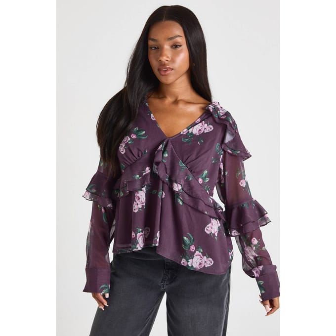 boohoo Dames Florale ruche chiffonblouse | Plum | Maat: 6