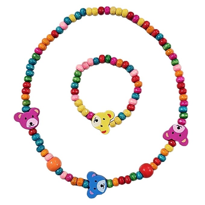 Fako Bijoux® - Kinderketting en Armband - Hout - Beertjes