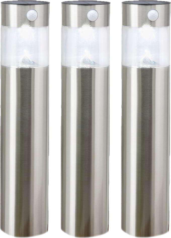 Hi Solar tuinlamp/prikspot pilaar - Set van 3x stuks - zilver - RVS - 50 cm - zonne energie met bewegingssensor