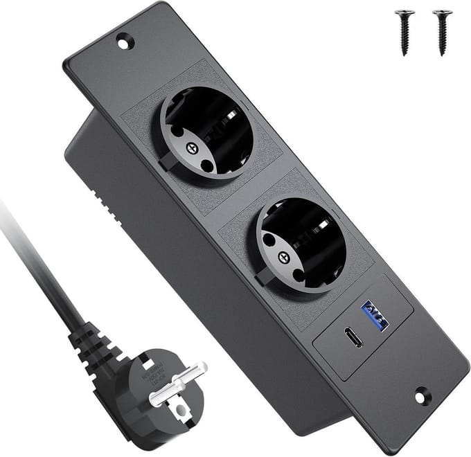 Inbouwstekkerdoos met USB - Bureau stopcontact - Netjes werken - PD 20W USB C - 2 meter kabel - Zwart