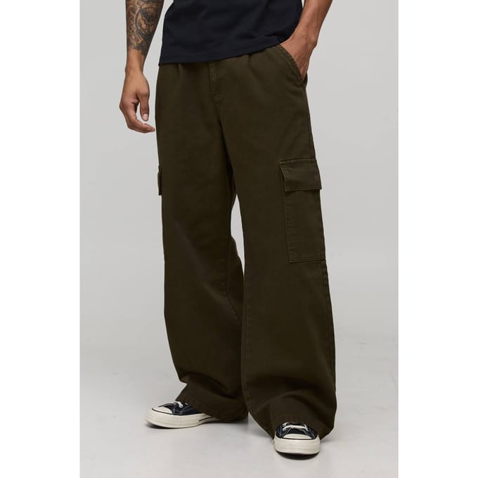 Broek met brede pasvorm, half & half tailleband, cargozakken en gewassen twill | Khaki | Size XL