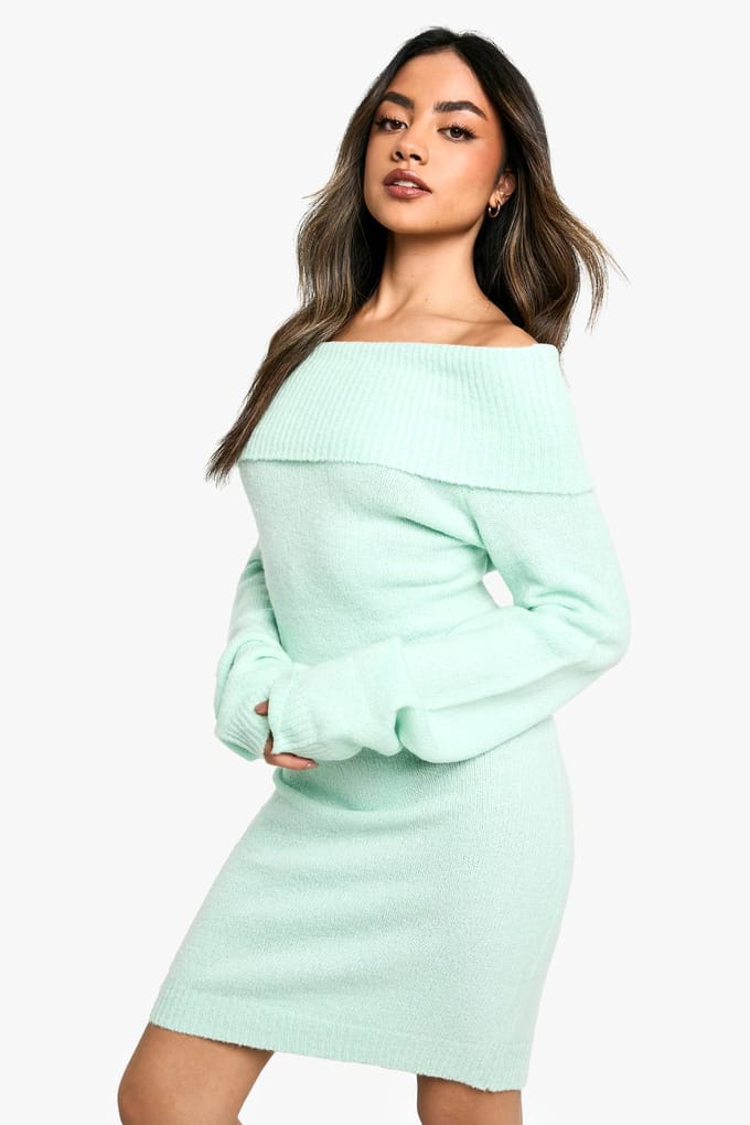 boohoo Dames Rib Bardot decollete Mini Jumper Jurk | Munt | Maat: Medium