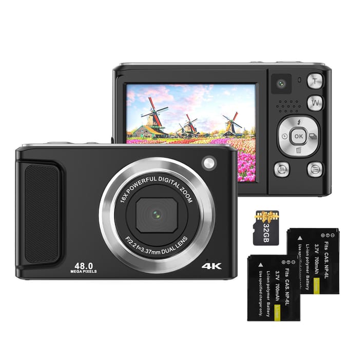 4K Digitale Camera Digitale Videocamera 48MP Dubbele Lens 2.8 Inch IPS Scherm Autofocus 16X Digitaal with 2 Batteries zwart