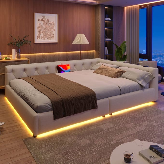 Sweiko Slaapbank - 140x200 cm - LED-verlichting - Gestoffeerd bed - USB+Type-C - Linnen - Beige