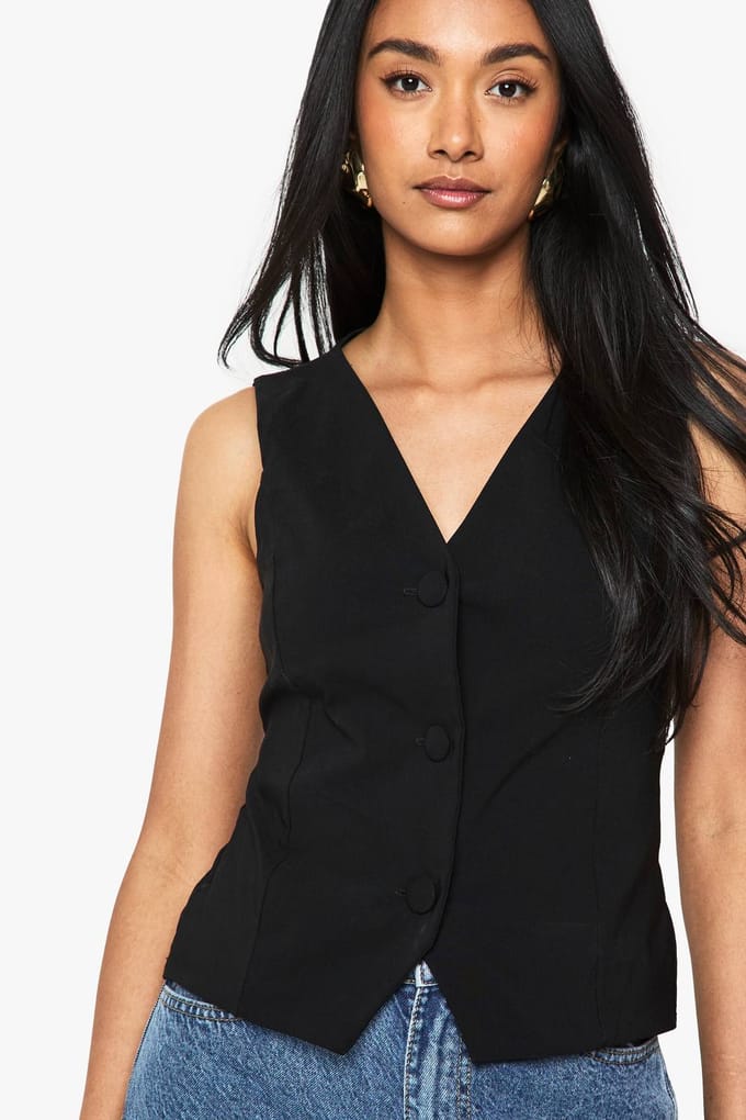 boohoo Dames Super Stretch Gilet met Knopen | Zwart | Maat: 36