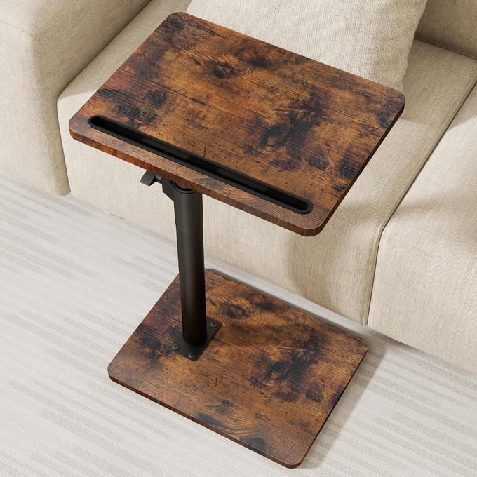 YUHFERA Sofa Side Table - 360° Rotatable Height Adjustable End Table, Sofa Armrest Drawer Table, Snack Side Table for Bed or Chair with Phone and Tablet Slot (Vintage, Stand)