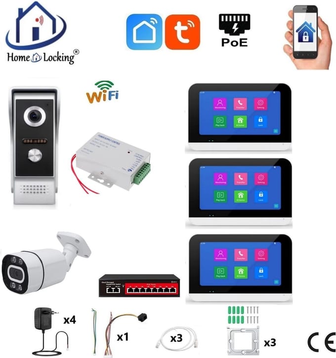Smart WIFI deur intercom/videofoon touchscreen met bediening via Smart Life APP werkt met Alexa en Google spraaksturing. T-2301V-1-3+C