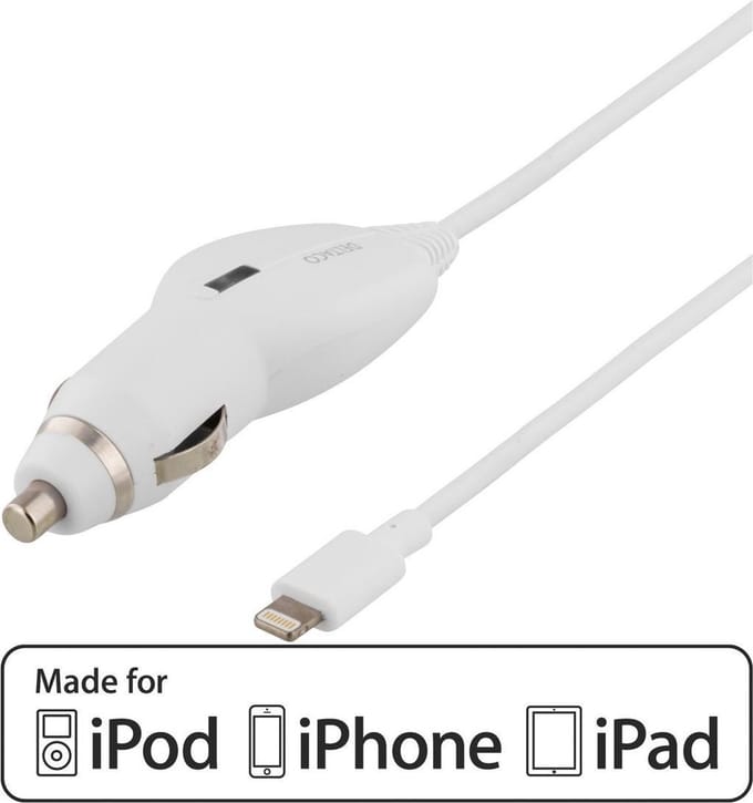 DELTACO USB-CAR72, Autolader met lightning aansluiting, 1A, MFi , 1,8 m spiraalkabel, wit