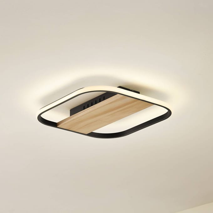 Lindby LED plafondlamp Romilda, grijs, hout, 37 cm breed