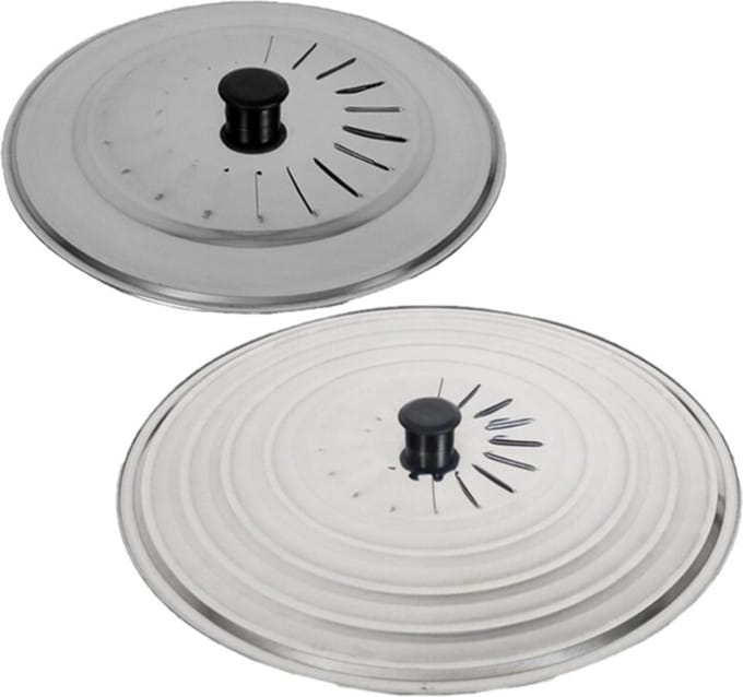 Gerimport Set 2x stuks universele spatdeksels - pannendeksels - rvs - met stoomuitlaat - Dia 28 en 34 cm