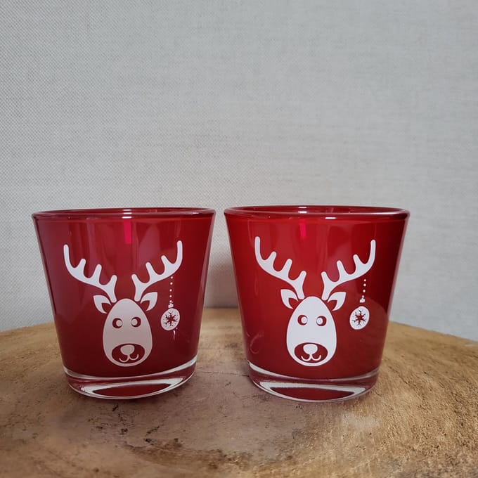 Set van 2 Theelichtjes - Kerst - Rood- Rudolf - Rendier