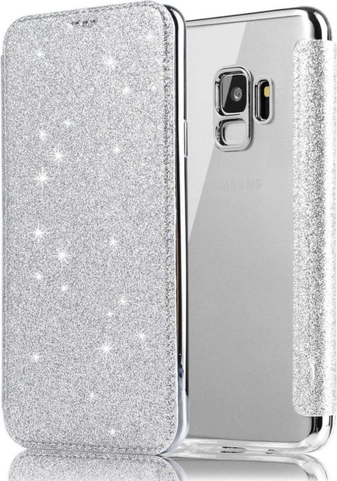 Geschikt voor Samsung Galaxy S9 Flip Case - Zilver - Glitter - PU leer - Soft TPU - Folio