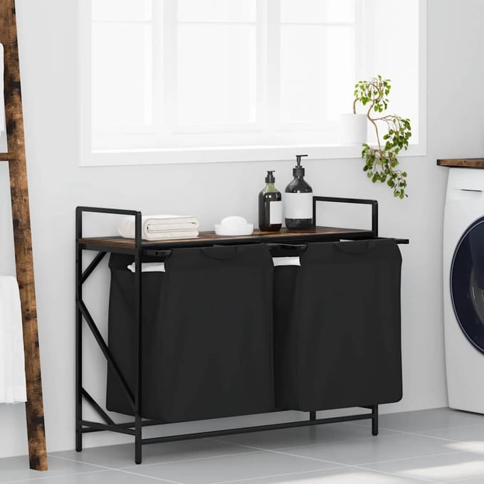 vidaXL - Wasmand - 2 - vakken - met - plank - gerookt - eikenkleurig