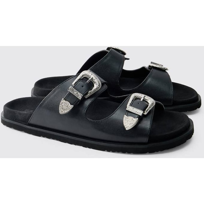 Faux Suède Sandaal Met Dubbele Band En Western Gesp | Black | Size 42