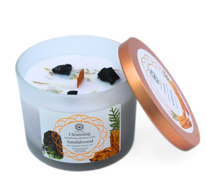 Green Tree - Edelsteenkaars - Aromatherapie - Geurkaars - Cleansing - Sandalwood - met edelstenen - 256g