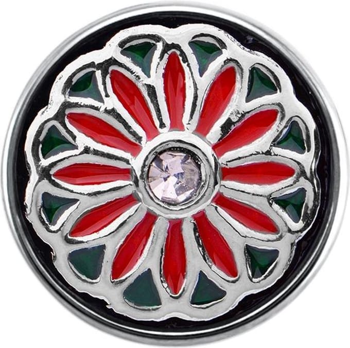 Quiges - Dames Click Button Drukknoop 18mm Zirkonia Bloem Groen met Rood - EBCM258