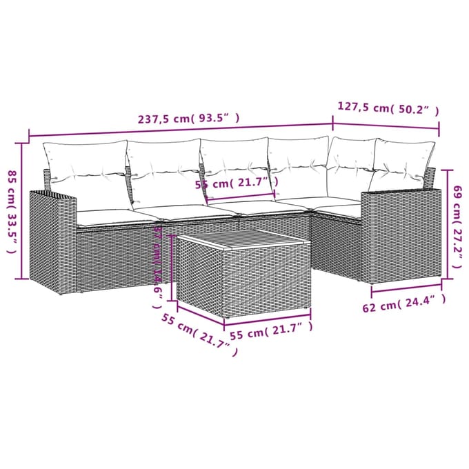 vidaXL - 6-delige - Loungeset - met - kussens - poly - rattan - beige