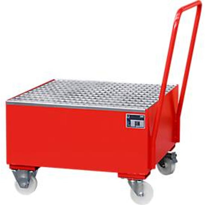 Stalen lekbak met wielen + greep, 800 x 800 mm, rood RAL 3000