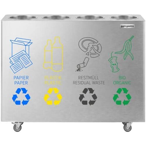 GGM Gastro Mülltrennsystem - 4 Behälter je 30 Liter - Edelstahl - mit 4 Rollen